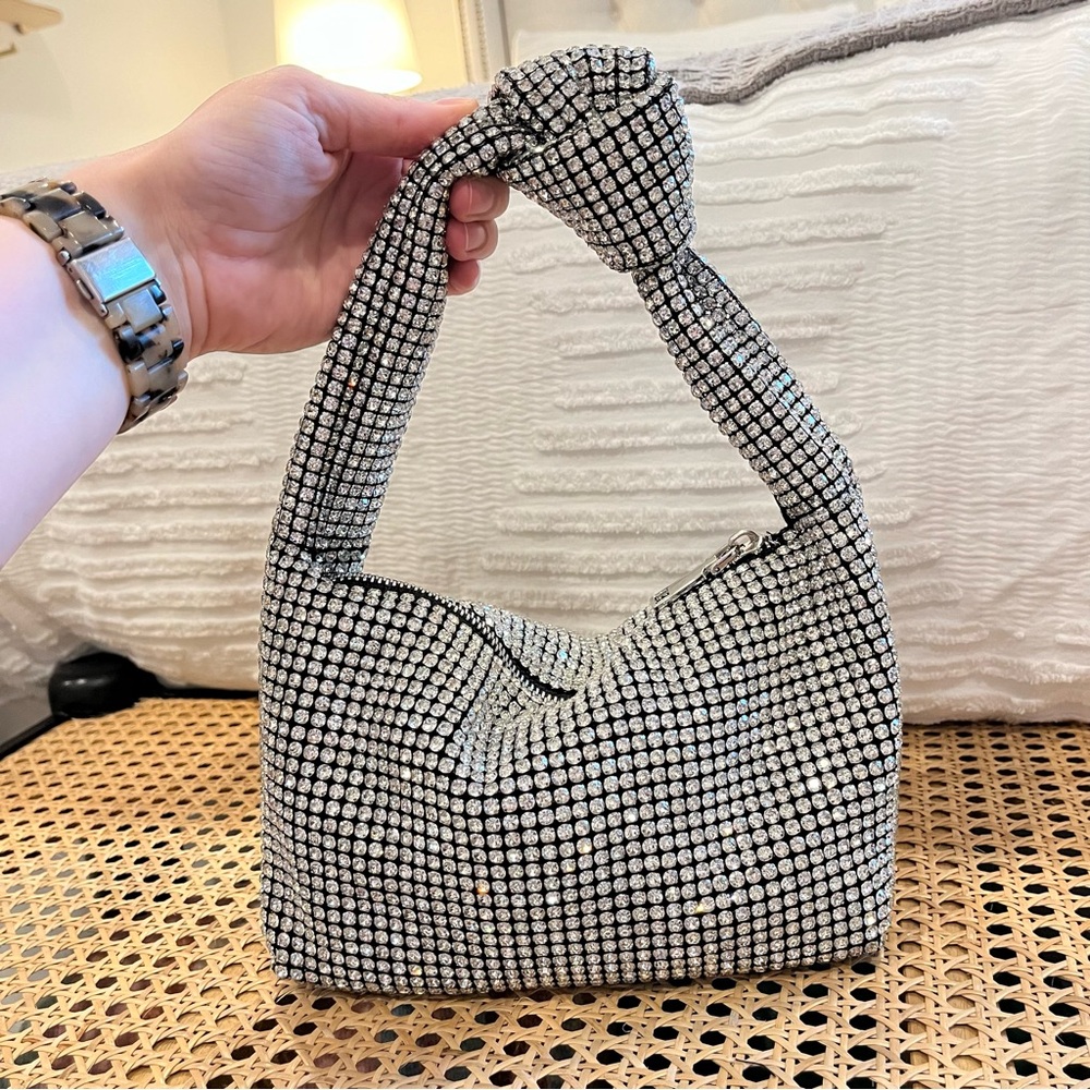 Madison West Silver Rhinestone Knotted Handle Mini Bag